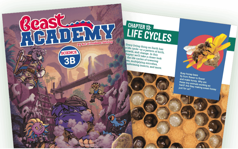 Beast Academy / AoPS Science 3B book cover and chapter 13 lifecycle display 